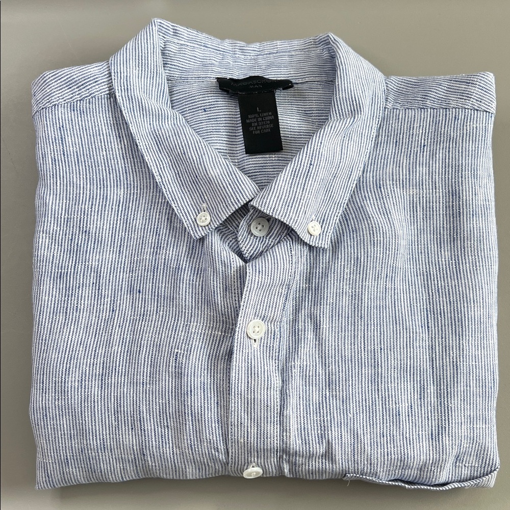 Magaschoni Linen Pinstripe Long Sleeve Button Down Shirt Blue/White Size Large